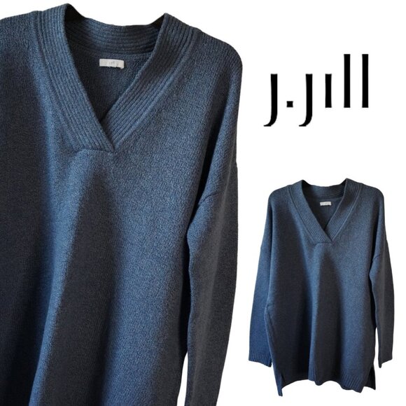 J. Jill, Relaxed Marled V-Neck Knit Long Sleeve Sweater, Indigo, Blue - Picture 1 of 9